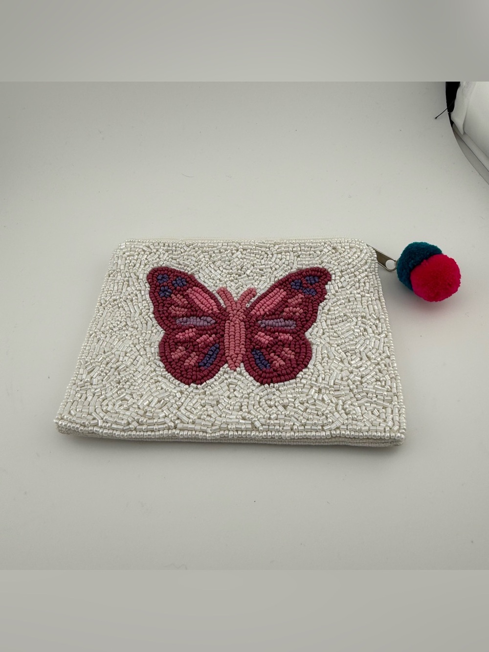 Beaded Pink Butterfly Zip Coin Purse Pouch with Pom Pom Tassel White Seed Beads